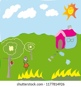 children illustration cute colorful girl play in the garden vector