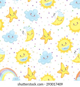 Children illustration, cute sweetheart, sleepy moon, happy cloud, mischievous star on a starry background.