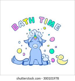 Children illustration of cute unicorn in bath with lather and bubbles