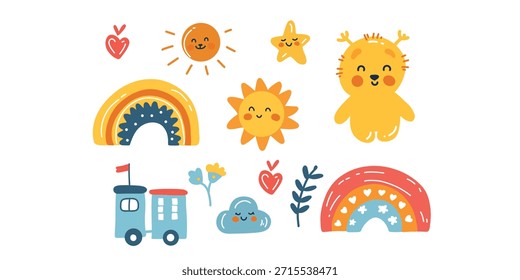 children illustration elements set fun learning icons