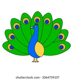 Children illustration.  Fairy tale vector peacock. Fantasy bird with spread tale isolated on white background. Fairytale animal character. 