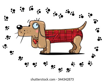 Children illustration of funny clever detective dog in a plaid vest surrounded of footprint
