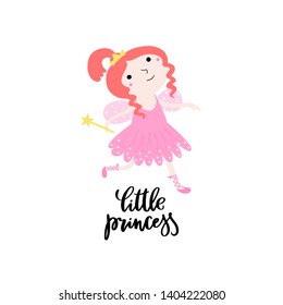 Children illustration with hand drawn cute little princess girl with a crown and frase - little princess. Vector illustration in cartoon style.