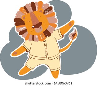 Children illustration. Joyful lion dancing in pajamas. Cartoon vector style of illustration. 