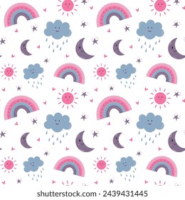 children illustration, rainbow, sun and clouds, heart and stars. picture for kids book or calendar. summer weather concept. rain drops over sky. good weather. wallpaper or print seamless pattern