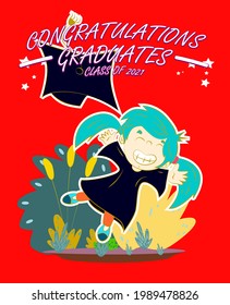 children illustration with text congratulations graduates class of 2021, graphics elements for t-shirts, and the idea for the sign, badge or greeting card and background photo booth