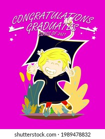 children illustration with text congratulations graduates class of 2021, graphics elements for t-shirts, and the idea for the sign, badge or greeting card and background photo booth
