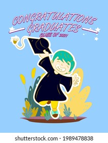 children illustration with text congratulations graduates class of 2021, graphics elements for t-shirts, and the idea for the sign, badge or greeting card and background photo booth