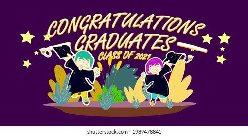 children illustration with text congratulations graduates class of 2021, graphics elements for t-shirts, and the idea for the sign, badge or greeting card and background photo booth