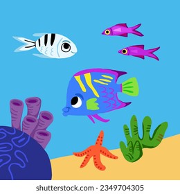 Children illustration of the underwater world with cute colorful fish characters, coral reefs, seaweed, sea star. Under the sea scene, picture book illustration in hand drawn style