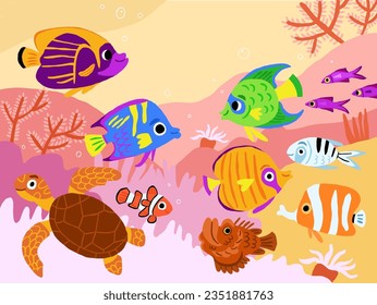 Children illustration of the underwater world with cute colorful fish characters, coral reefs, seaweed, sea star. Under the sea scene, picture book illustration in hand drawn style