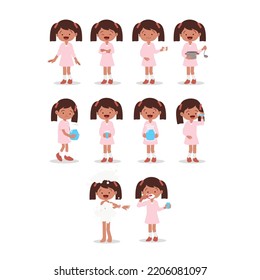 Children illustration vector set indian girl daily activities