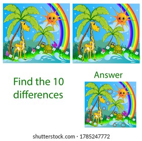 Children illustration. The visual puzzle shows ten differences with turtles, butterflies and a giraffe in the jungle by a stream with a rainbow and sun.