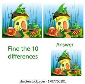 Children illustration. The visual puzzle shows ten differences with turtles, mushroom house in the grass.