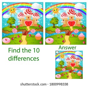 Children illustration. The visual puzzle shows ten differences with  of candy land with waffle and cream castle lollipops and berries by a stream with a rainbow and sun. Cartoon style. 