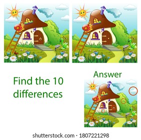 Children illustration. The visual puzzle shows ten differences with turtles, mushroom house in the grass.