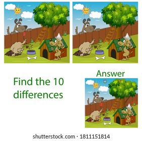 Children illustration. The visual puzzle shows ten differences with  cartoon dog builds  kennel near  fence and  tree.