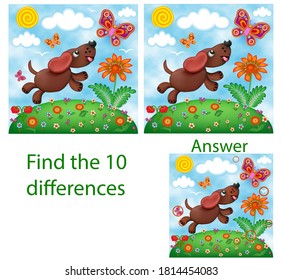 Children illustration. The visual puzzle shows ten differences with  cartoon dog in a meadow with flowers and berries runs after a beautiful butterfly.