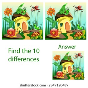 Children illustration. The visual puzzle shows ten differences with turtles, mushroom house in the grass.
