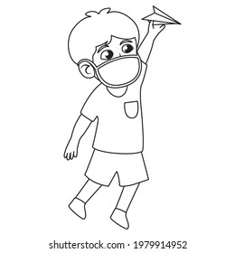 Children illustration,boy play and throwing paper plane in the class.Using mask and healthy protocol.kids coloring book illustration.