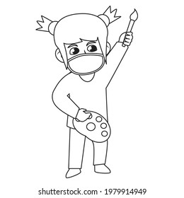 Children illustration,cute girl ,excited to painting tools.Using mask and healthy protocol.kids coloring book illustration