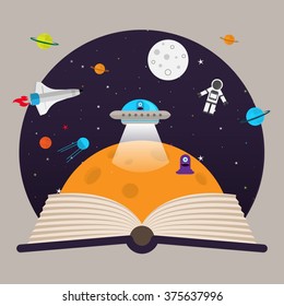 Children imagination book - open book with space exploration, astronomy background