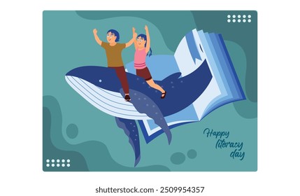 Children imagination when reading books. Children imagine riding a big whale. Happy Literacy Day concept. Flat vector illustration.