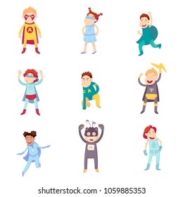 Children imagine themselves to be super heroes and try on different superhero's guests. Their ability of super heroes to fly, jump, run and save the world from baddies.