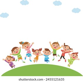 Children, including small ones, are jumping energetically over the hill.