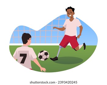 Concepto de inclusión infantil y socialización con niños con discapacidad jugando fútbol, ilustración vectorial de dibujos planos aislados en fondo blanco.