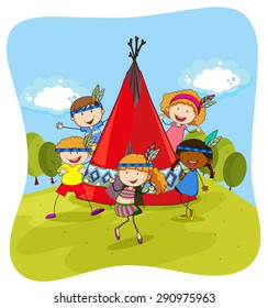 Children in Indians theme dancing and singing