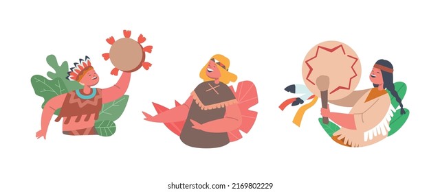 Children Indigenous Indian American Characters with Paddles Isolated Icons or Avatars. Native Kids in Tribal Costumes, Feathered Headwear and Drums. Cartoon People Vector Illustration