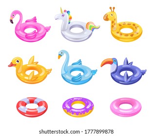 Se establecen anillos inflables para niños. Donuts de caucho, flamingo rosa, pato, unicornio para los niños en la piscina. Se puede usar para fiestas en piscina, vacaciones de verano, conceptos de playa