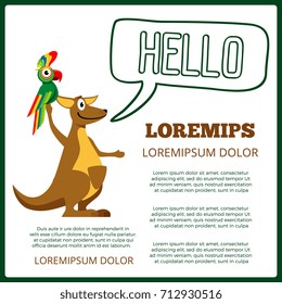 Children info poster with cartoon cangaroo parrot and bubble speech hello. Vector illustration