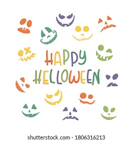 Children inscription in the style of cartoon and picture with the inscription and text Happy Halloween Colored bright and colorful and orange letters on a white background and laughing pumpkin face.