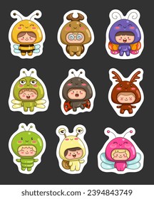 Children in insects costumes. Sticker Bookmark. Cute boys and girls cartoon characters in clothes bee, beetle, butterfly, dragonfly, ladybug, caterpillar, snail. Hand drawn style.