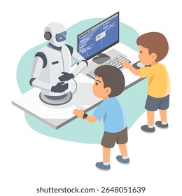 Children interacting with a humanoid robot while learning programming and coding at a computer desk in a modern educational environment