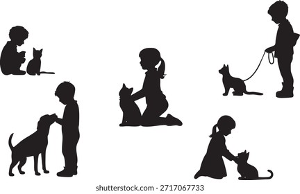 Children interacting with pets in different scenes Vector, illustration