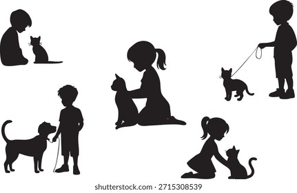 Children interacting with pets in various scenes Vector, illustration