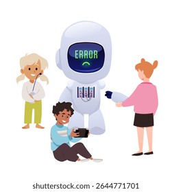 Children interacting with robot showing error message on screen with sad face. Girl holding broken arm of chatbot. Troubleshooting, learning, teamwork theme. Vector flat illustration.