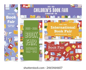 Children international book fair poster banner design template set isometric vector illustration. Bookstore event festival invitation paper literature meeting announcement advertising information