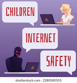 Children internet safety concept, flat vector illustration. Girl communicating with evil anonymous stranger on the internet. Parental control for safe internet browsing for kids.