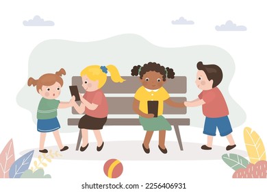 Children invite friends to play active games and put away devices. Kids sitting on bench and use smartphones. Preschoolers with mobile phones, cyber addiction. Social network. vector illustration