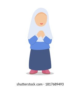 Children islamic girl character dress muslim hijab stand white isolated background with flat color style