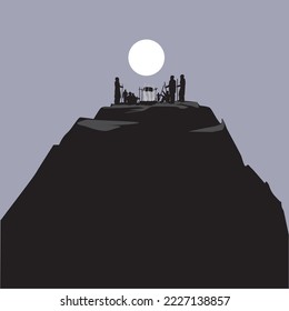 The children of Israel at the Passover sacrifice. Black silhouettes on a mountain. In the background the moon. Lamb is roasted over a fire. The historical figures with sticks in hand Artistic vector