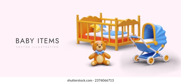 Children items. Horizontal advertising banner for store. Realistic teddy bear, cot, blue stroller. Place for logo, text, link button. Commercial concept for social networks