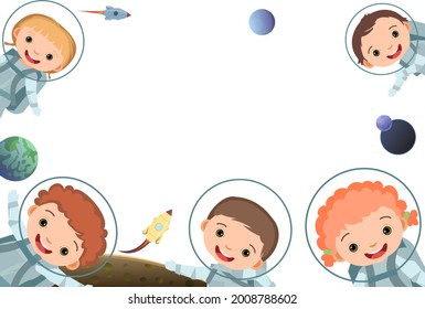 Children are joy. Frame. Happy childhood. Little boys and girls. Kid are having fun. Cute kid. Cartoon style. Isolated on white background. Vector
