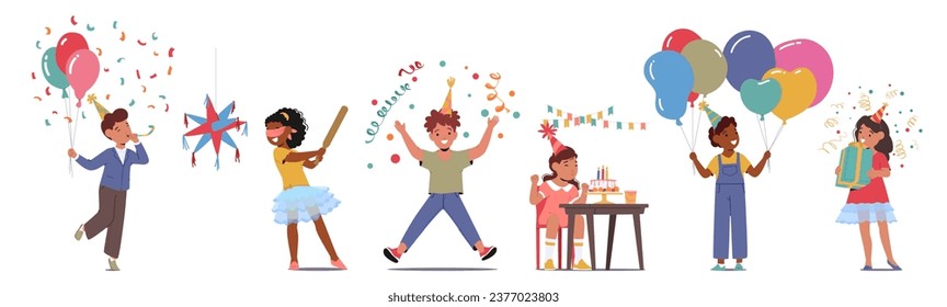 Children Joyfully Celebrate Birthday Party, Filled With Laughter, Games, Colorful Decorations, And Delicious Treats, Creating Cherished Memories, Excitement And Happiness. Cartoon Vector Illustration