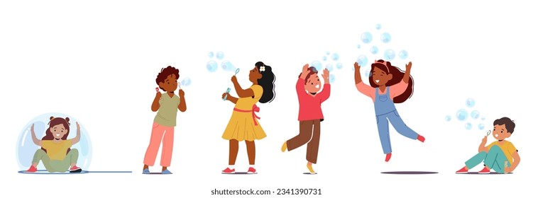 Children Joyfully Chase And Pop Shimmering Soap Bubbles, Filled With Laughter And Wonder, Kids Characters Creating Magical Moments Of Pure Delight And Innocence. Cartoon People Vector Illustration