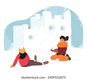 Children Joyfully Engage In Snowball Fights, Constructing A Snowy Fortress. Laughter Echoes Amidst The Gleeful Chaos, As The Wintry Battleground Transforms Into A Whimsical Arena Of Frosty Fun, Vector